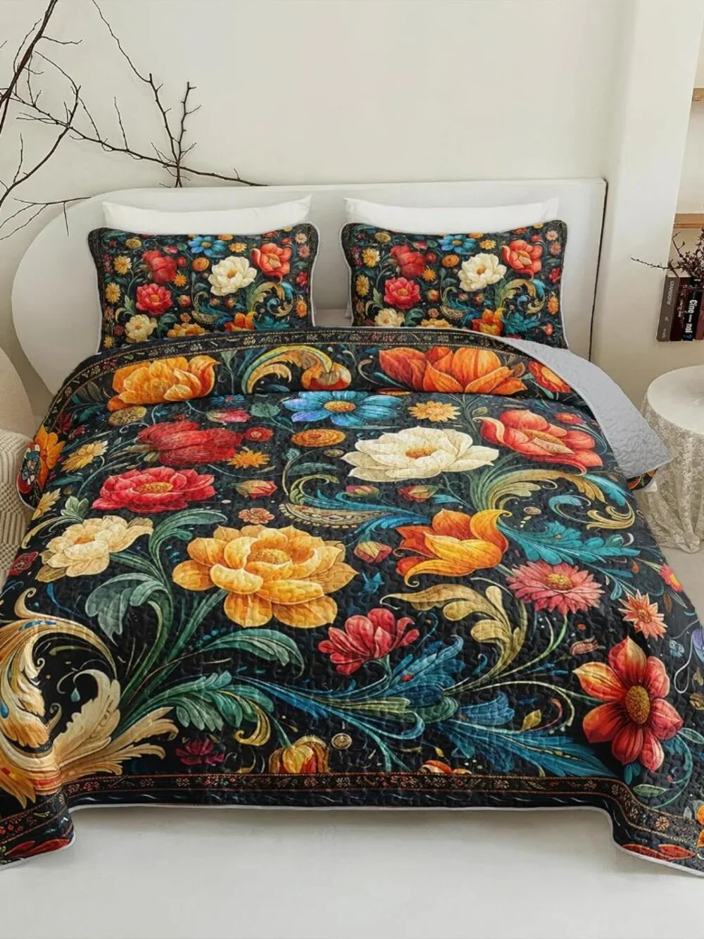 Vintage Floral Quilt Bed Set Queen，Queen Size Quilt Bedding Set Floral，1 Bedspre